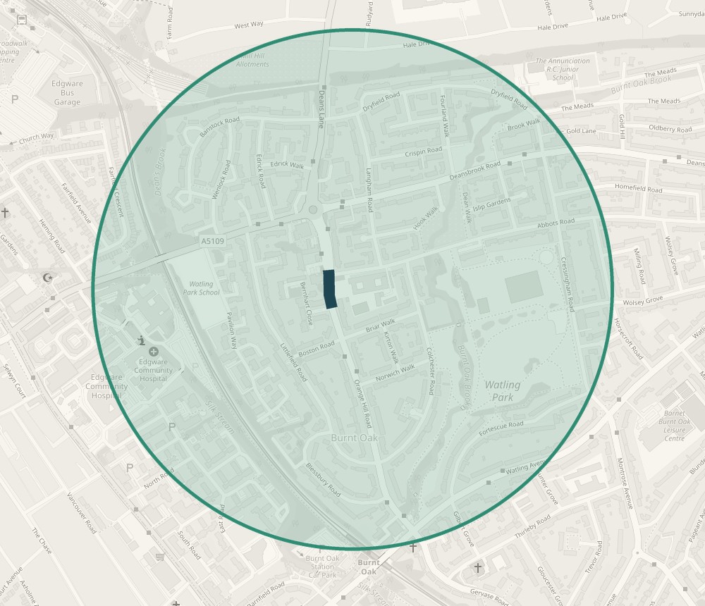 Map of the streets around Menorah Foundation School, with a 550 metre geofence around it and the pickup zone on Orange Hill Road
