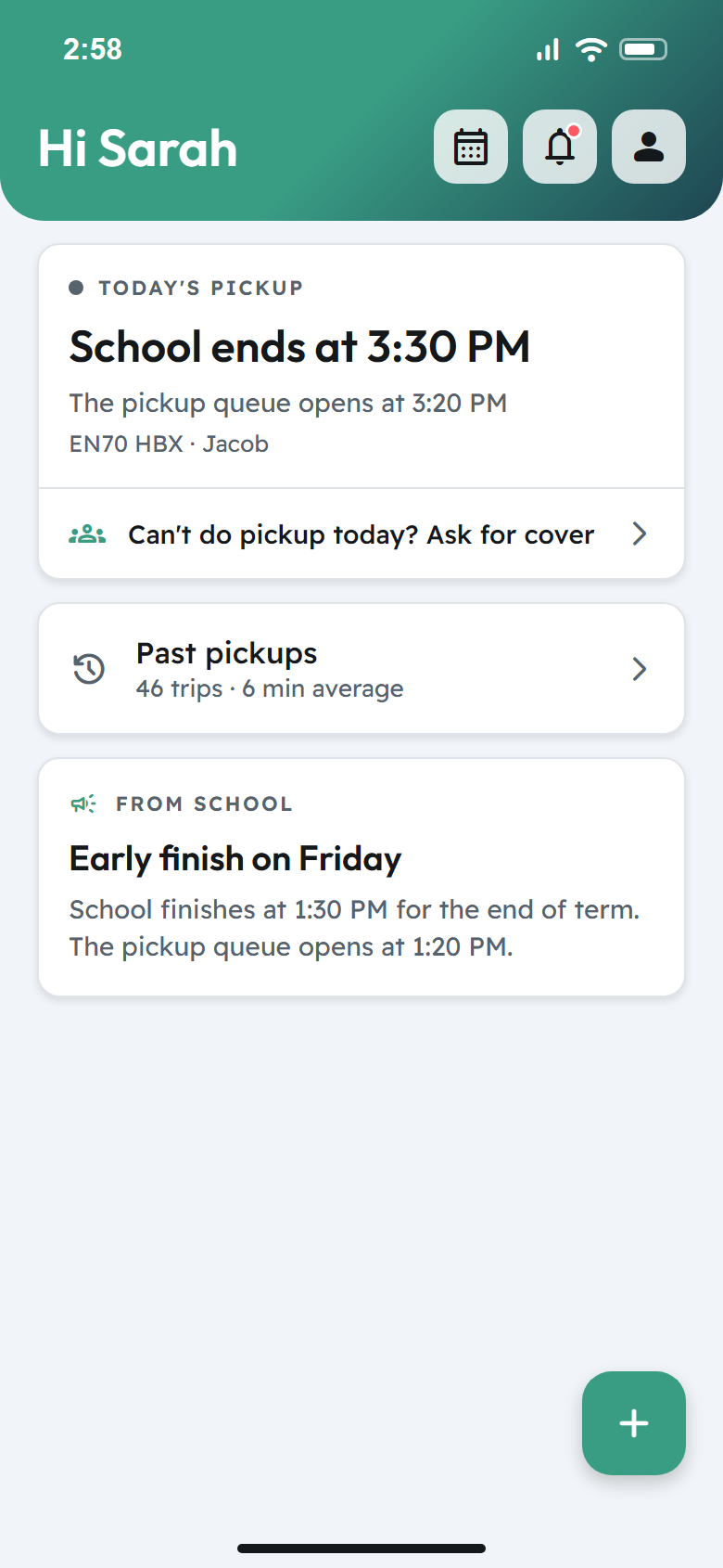 The parent app home screen: school ends at 3:30 PM and the pickup queue opens at 3:20 PM, with a notice of an early finish on Friday