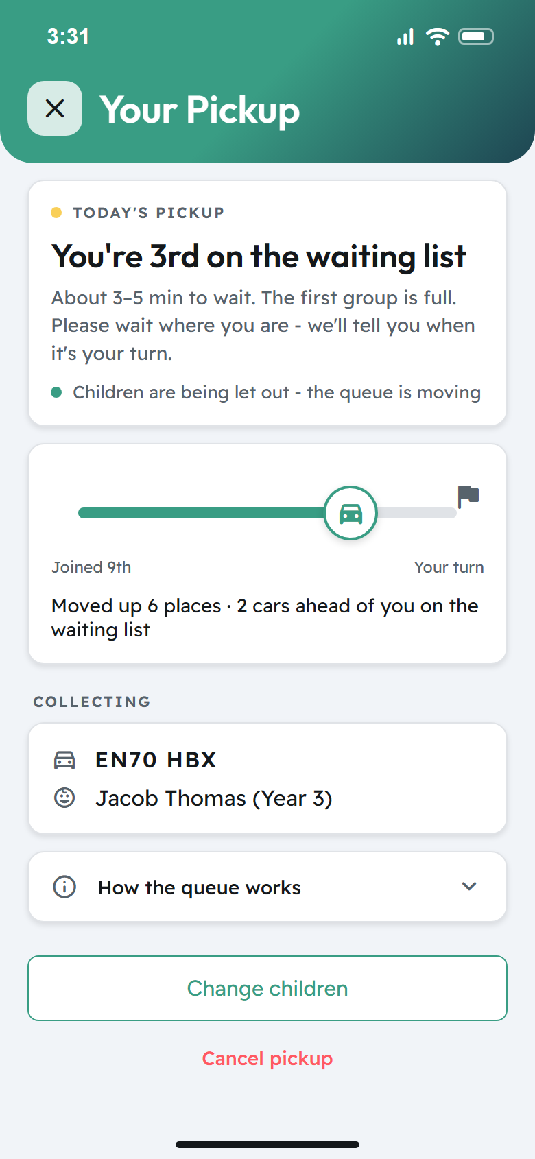 The parent app during pickup: third on the waiting list, about 3 to 5 minutes to wait, with a car moving along a progress bar towards 'Your turn'